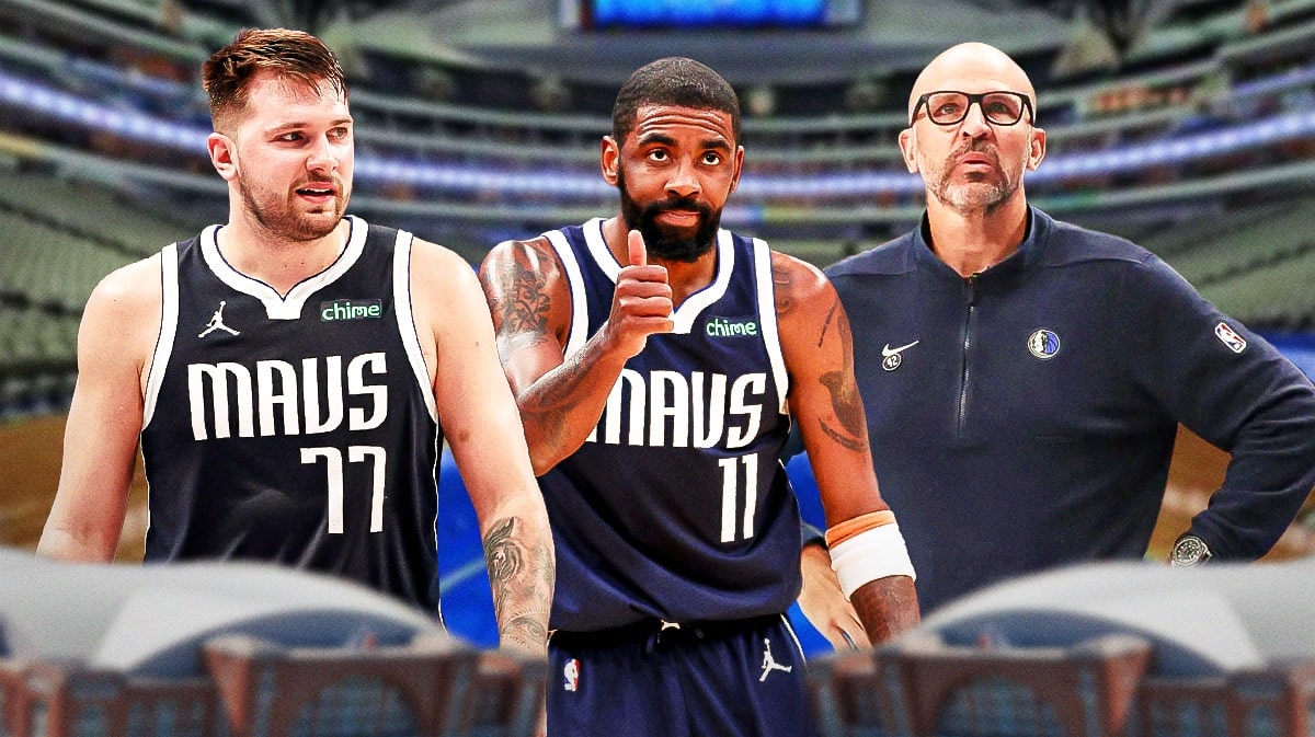 Mavericks, Celtics, Mavericks Celtics, NBA Finals, NBA Finals game one, Luka Doncic, Kyrie Irving and Jason Kidd with Mavericks arena in the background