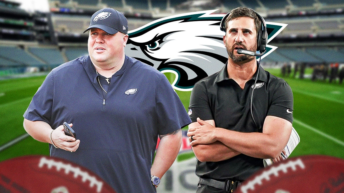 Philadelphia Eagles chief security officer Dom DiSandro with head coach Nick Sirianni and a logo of the Philadelphia Eagles.