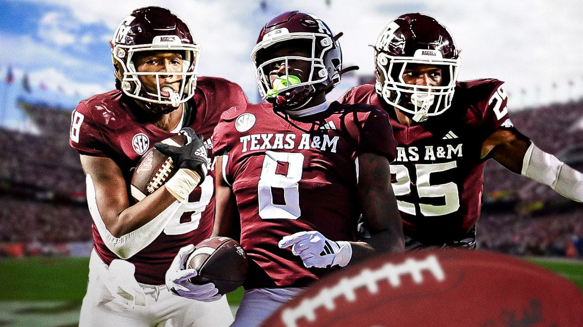 Texas A&M football, Aggies, Texas A&M football offseason, Le'Veon Moss, Le'Veon Moss Texas A&M, Le'Veon Moss, Donovan Green and Dalton Brooks all in Texas A&M unis with Texas A&M football stadium in the background