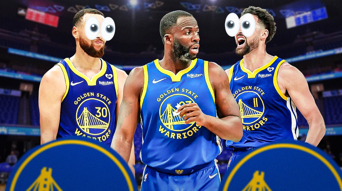 Draymond Green in the middle, Stephen Curry on one side with the big eyes emoji over his face, Klay Thompson on the other side with the big eyes emoji over his face. Draymond Green 2024-25 Warriors