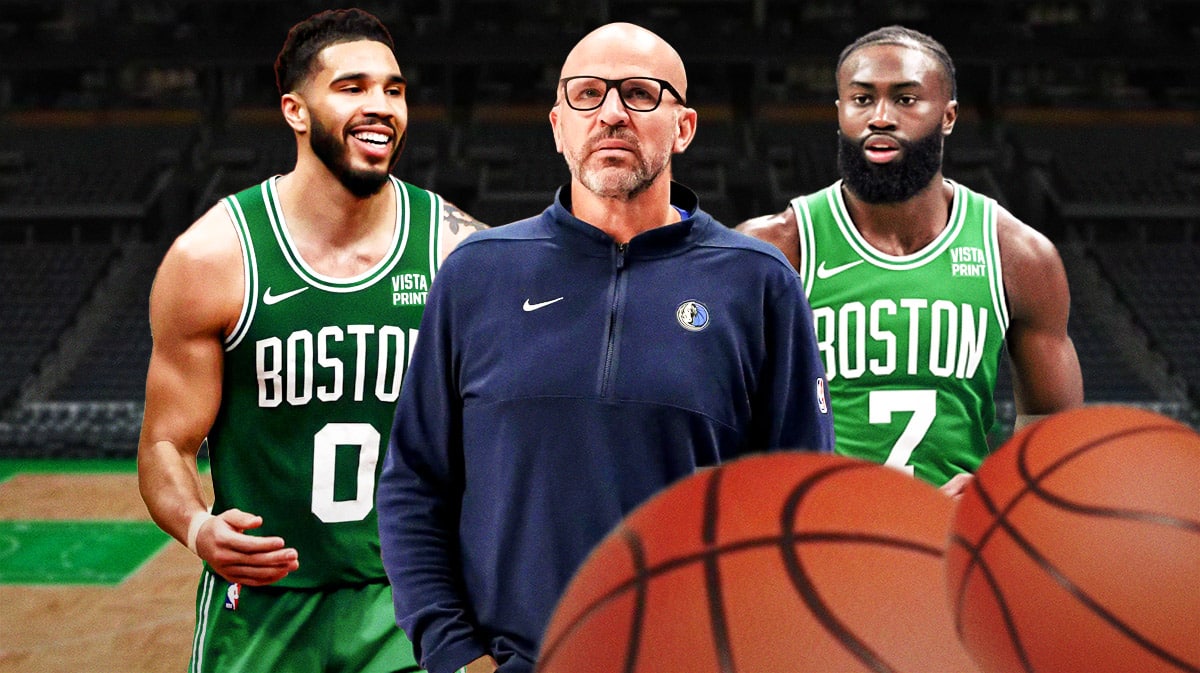 Celtics Jayson Tatum and Jaylen Brown looking serious with Mavericks Jason Kidd in between them