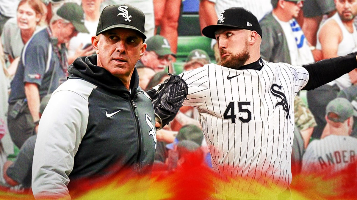 Chicago White Sox manager Pedro Grifol, next to Garrett Crochet. Fans angry in the background.