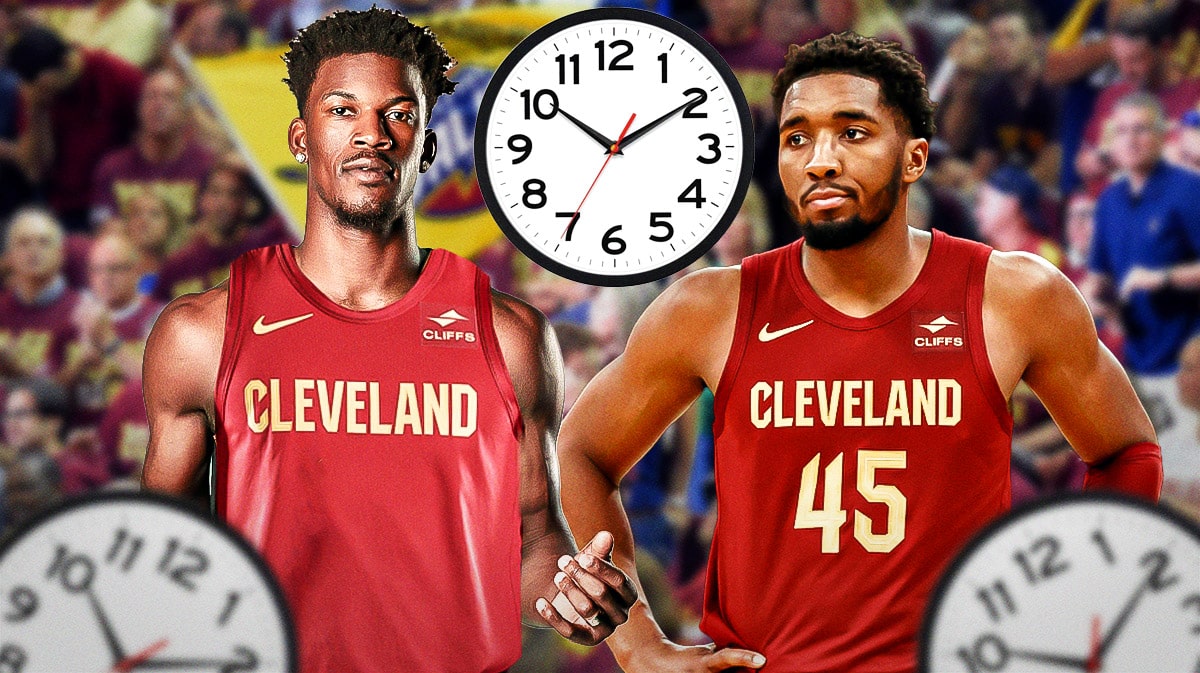Jimmy Butler and Donovan Mitchell wearing Cavs jerseys