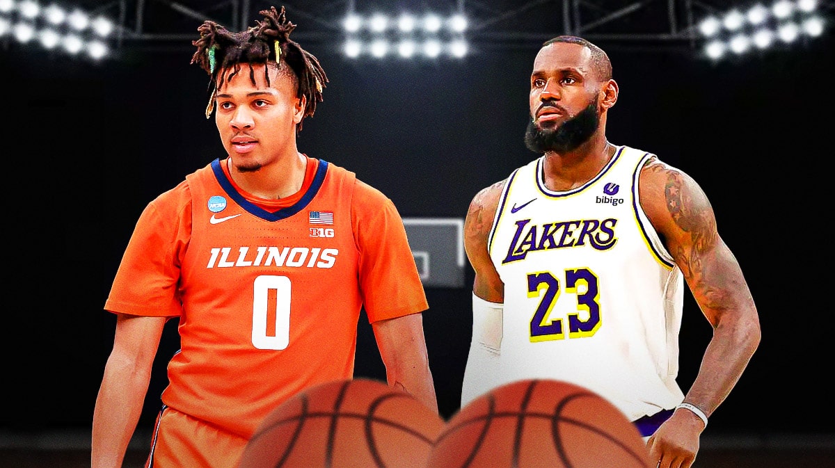 Los Angeles Lakers star LeBron James and Terrence Shannon Jr. in front of Crypto.com Arena.