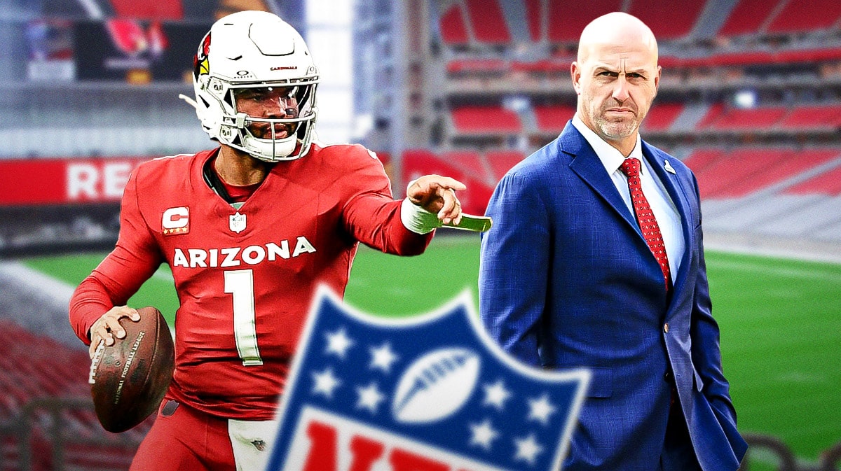 Arizona Cardinals star Kyle Murray and general manager Monti Ossenfort in front of State Farm Stadium.