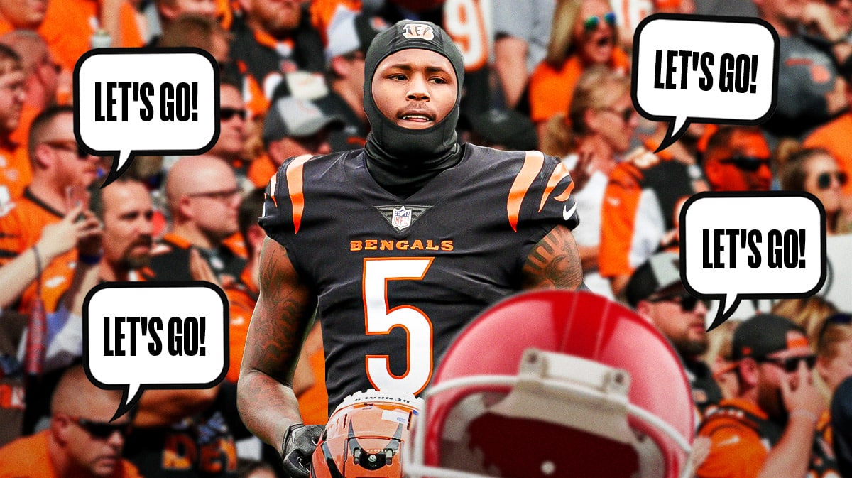 Tee Higgins on one side, a bunch of Cincinnati Bengals fans on the other side with a speech bubble that says "Let's go!"