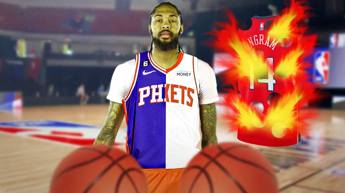 Brandon Ingram in a half 76ers/Rockets uniform, with his Pelicans uniform being burned