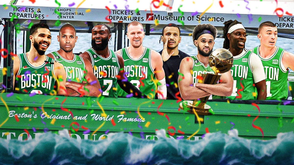 Jayson Tatum, Al Hordford, Jaylen Brown, Kristaps Porzingis, Joe Mazzulla, Derrick White, Jrue Holiday, Payton Pritchard all together on a Duck Boat. Larry O'Brien Championship trophies around the graphic. Confetti around the graphic.