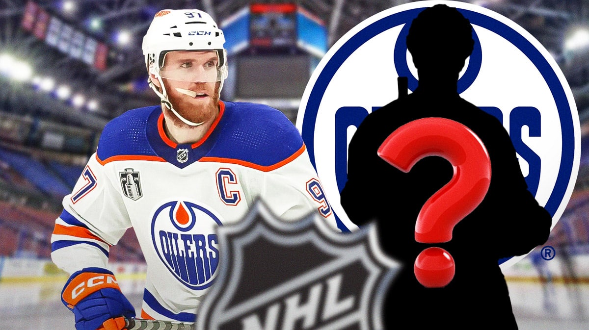Edmonton Oilers center Connor McDavid with a silhouette of a hockey player with a big question mark emoji inside. There is also a logo for the Edmonton Oilers.