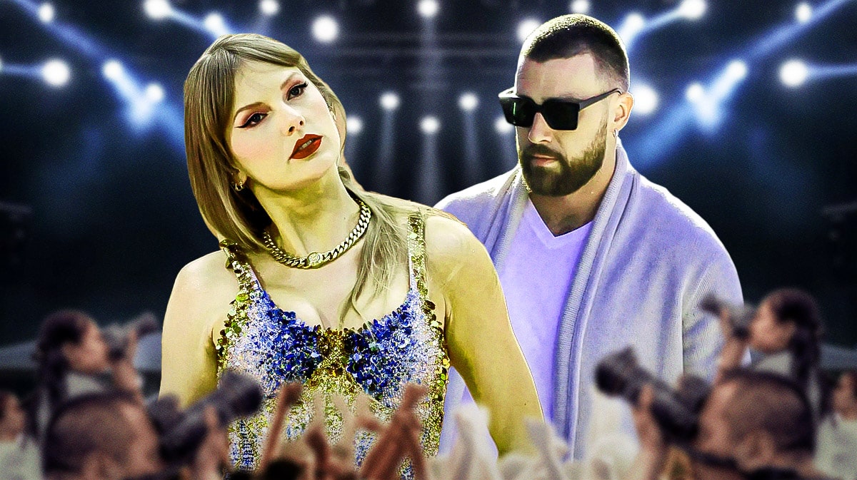 Travis Kelce and Taylor Swift on stage