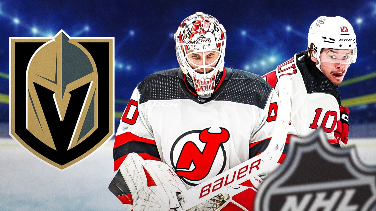 Devils' Akira Schmid, Alexander Holtz stand next to Golden Knights logo after trade