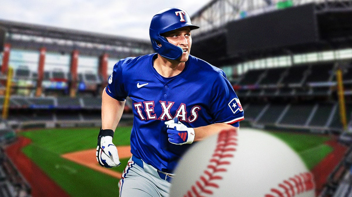 Texas Rangers star Corey Seager in front of Global Life Field.