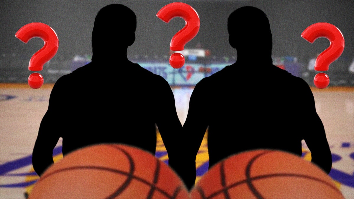 Lakers court, two silhouettes with ? in them