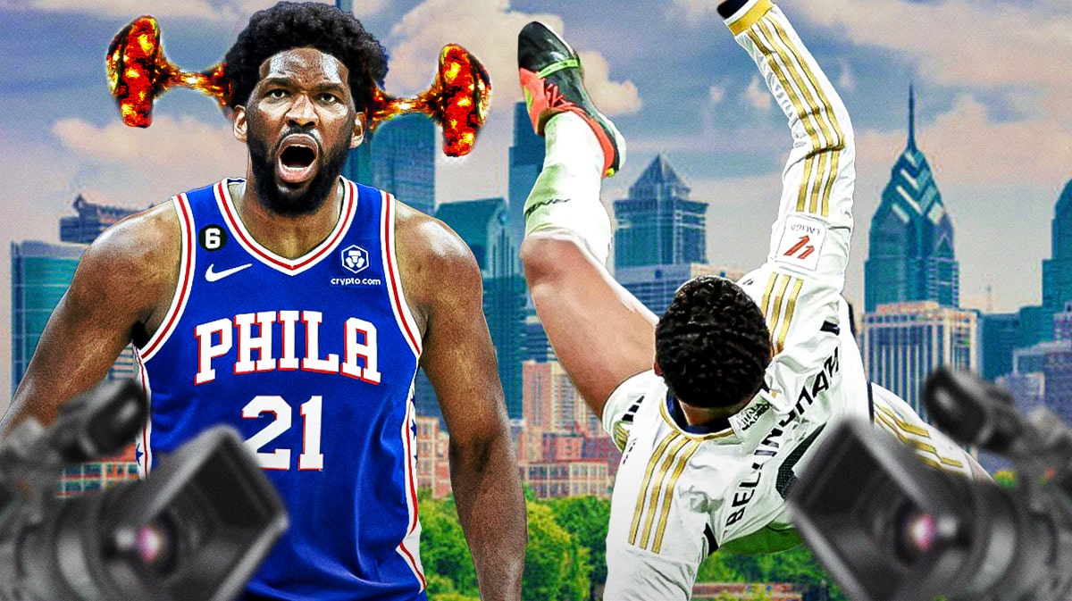 Joel Embiid with the top of his head exploding looking at Jude Bellingham doing a bicycle kick in his white England kit at Euro 2024.