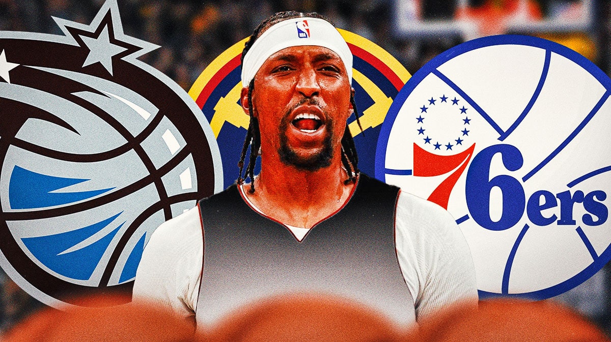 Kentavious Caldwell-Pope in front of the 76ers, Magic and Nuggets logos