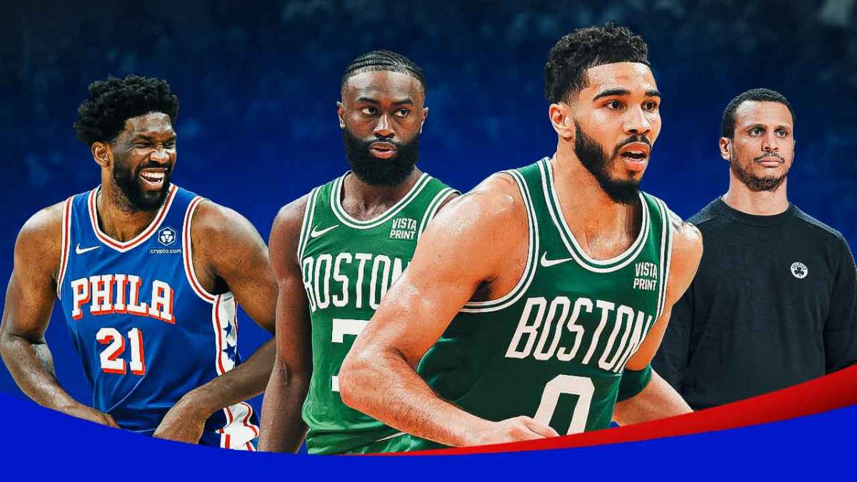 76ers' Joel Embiid with Celtics' Jaylen Brown, Jayson Tatum and Joe Mazzulla
