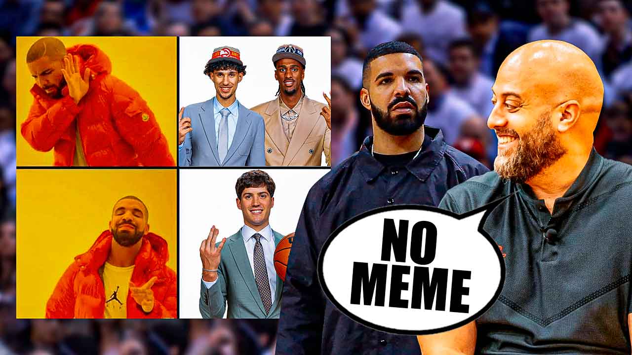Rockets GM Rafael Stone in the Drake saying no meme, with Zaccharie Risacher and Alex Sarr in the top panel and Reed Sheppard in the bottom panel