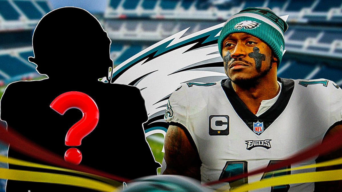 Philadelphia Eagles wide receiver A.J. Brown with a silhouette of an American football player with a big question mark in the middle. There is also a logo for the Philadelphia Eagles.
