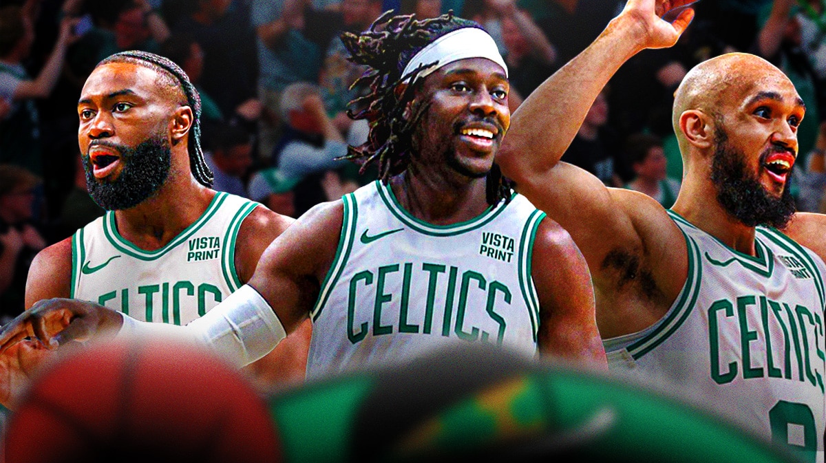 Celtics Jrue Holiday, Jaylen Brown, and Derrick White in te NBA Finals looking hyped on a Boston city background