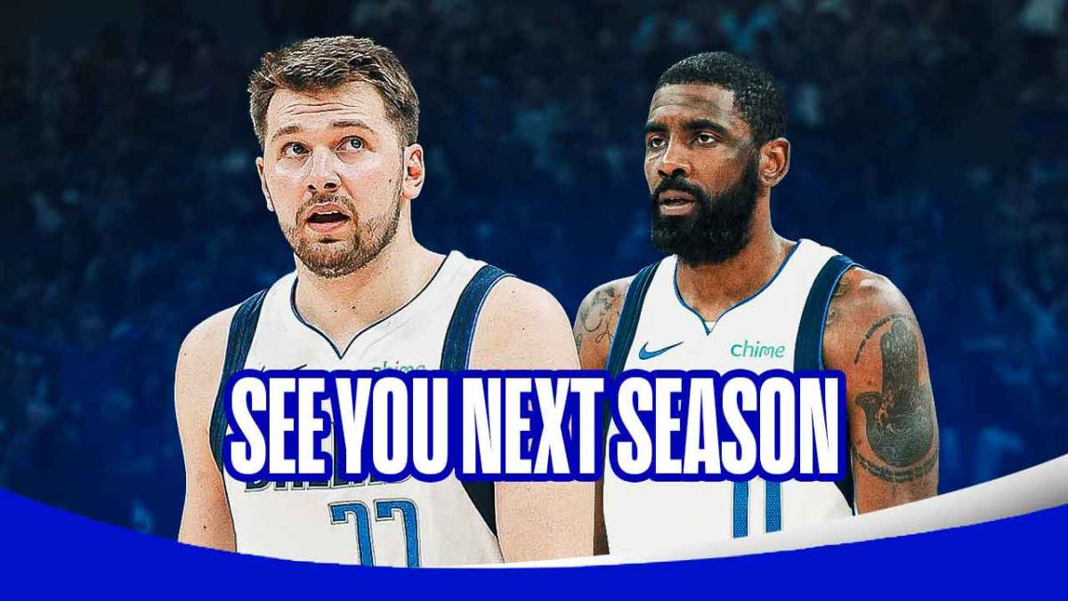 Mavericks' Luka Doncic and Kyrie Irving sad, with caption below: SEE YOU NEXT SEASON