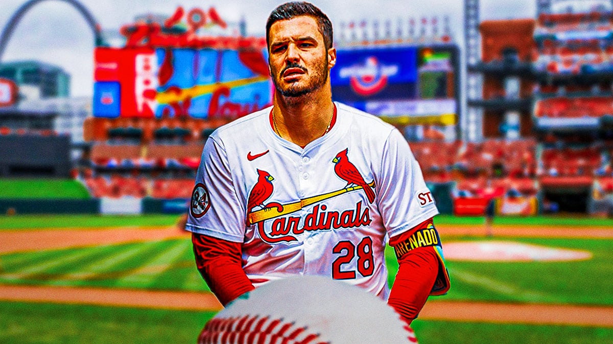 Cardinals' Nolan Arenado, Busch Stadium in back