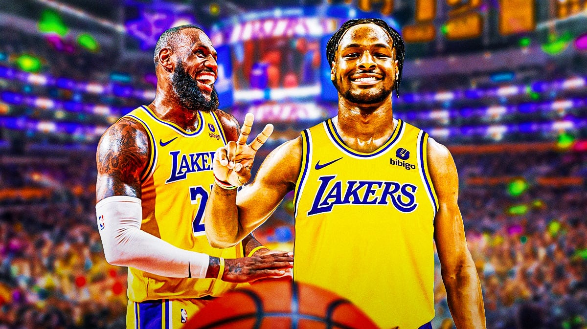 Lakers' LeBron James on the left, and Bronny James on the right. Bronny wearing a Lakers uniform.