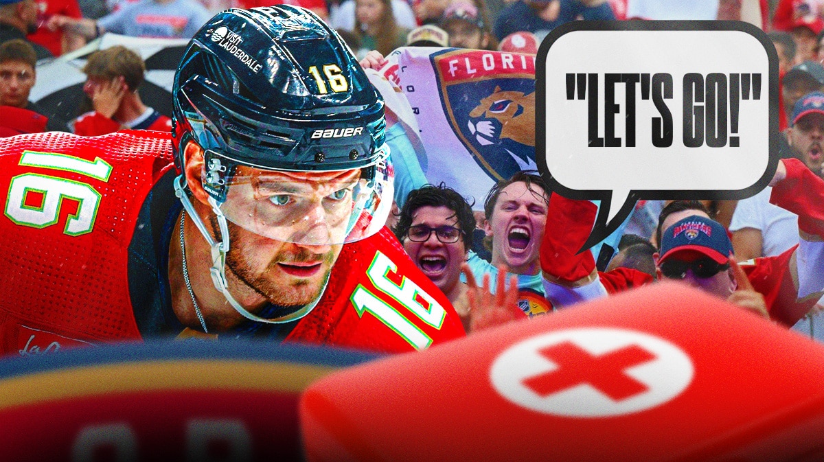 Aleksander Barkov on one side with an injury kit in front of him, a bunch of Florida Panthers fans on the other side with a speech bubble that says "Let's go!"