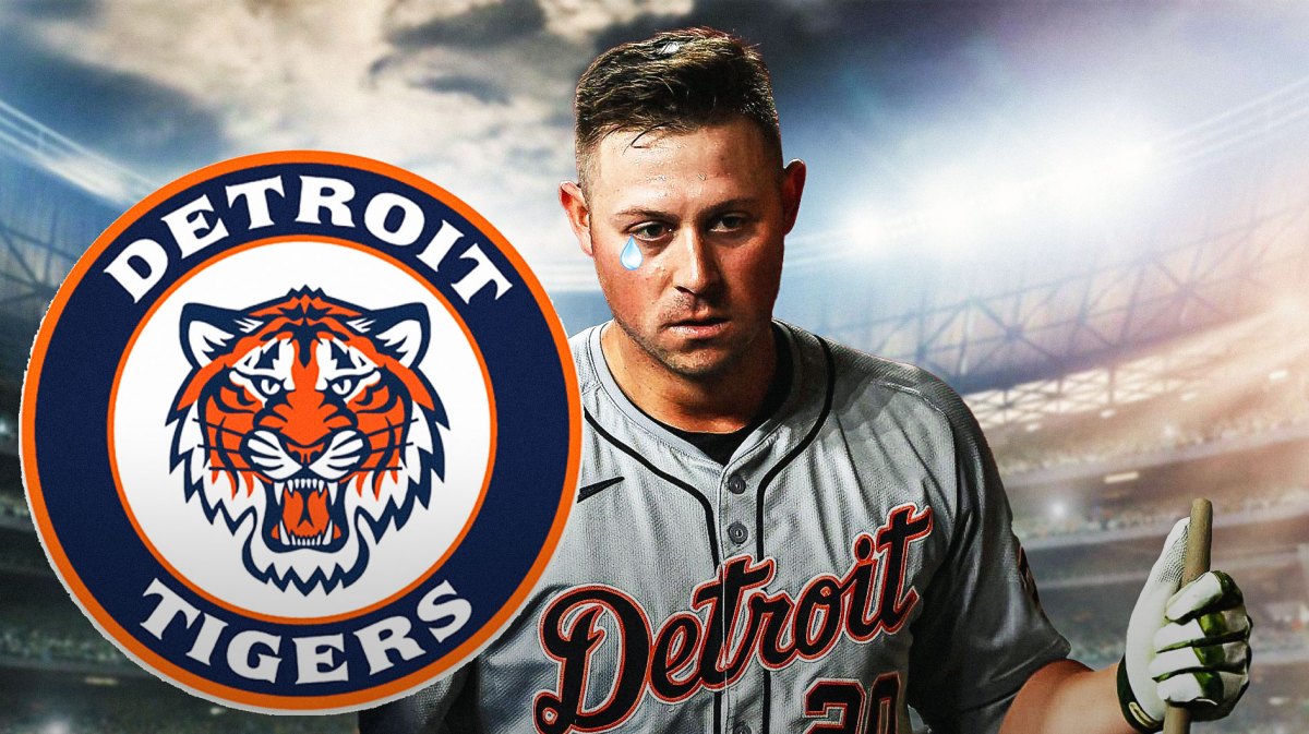 Detroit Tigers logo. Spencer Torkelson looking down, tear drops