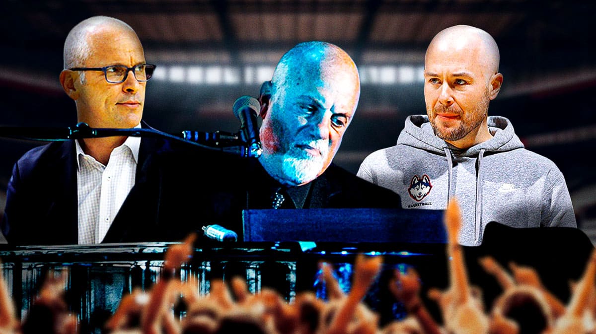 Billy Joel in between UConn head coach Dan Hurley and assistant Luke Murray