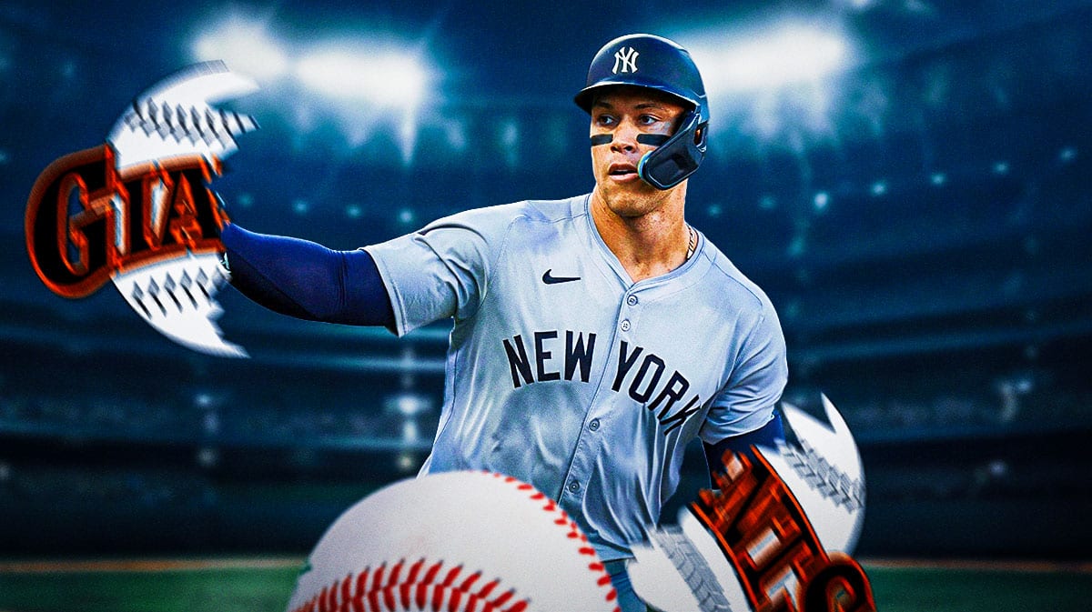 Yankees' Aaron Judge snapping the Giants' logo in half