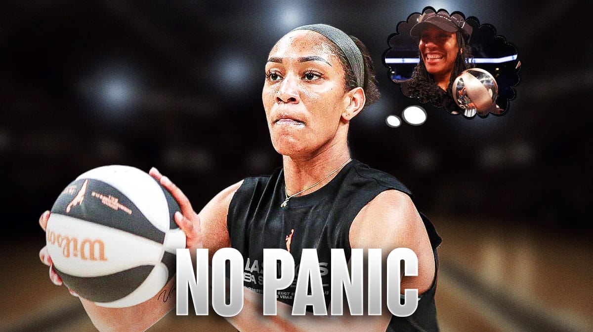 Aces' A'ja Wilson looking serious, with thought bubble containing image of her holding the 2023 WNBA championship, caption below: NO PANIC