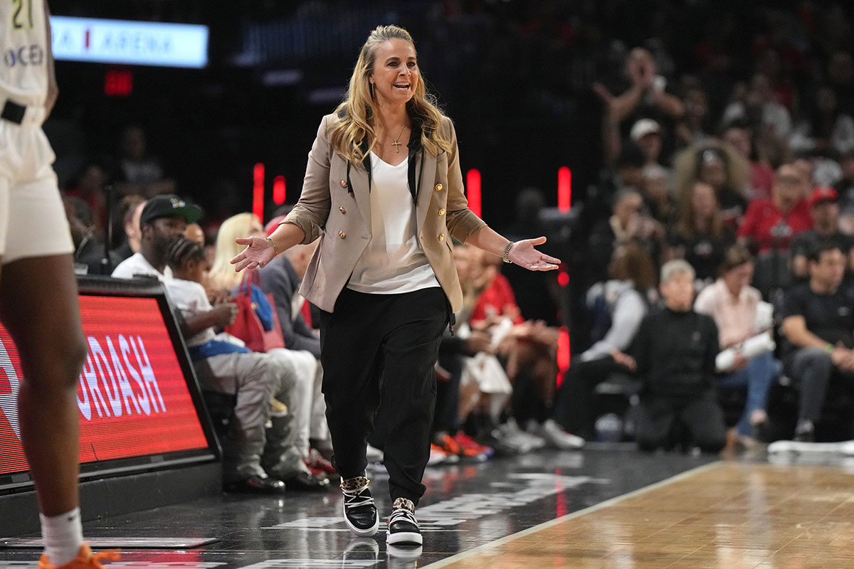 Head coach Becky Hammon yells to her players during the first half of game one of the 2023 WNBA Playoffs at Michelob Ultra Arena