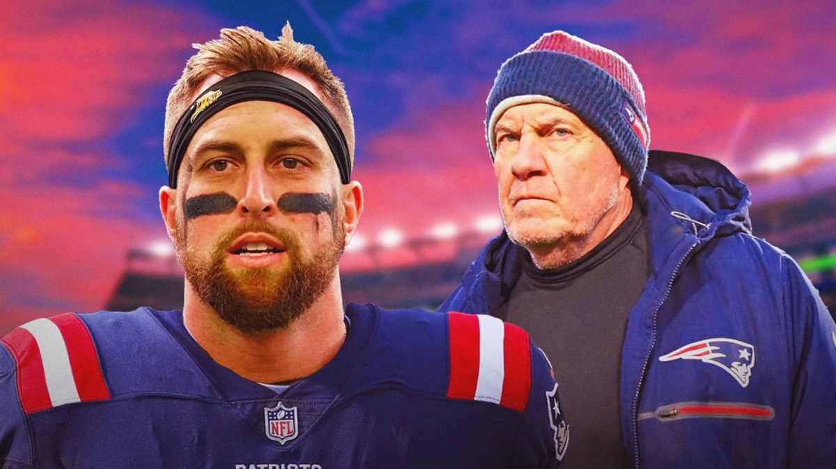Adam Thielen in a Patriots uniform, Bill Belichick next to him