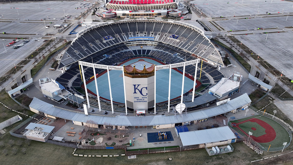 A general overall aerial view of Kauffman Stadium (foreground) and Arrowhead Stadium at the Truman Sports Complex. 
