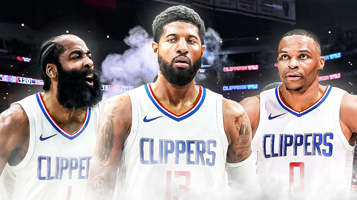cutout of Paul george front and center please in Clippers jersey. Then need cutout of James Harden in Clippers jersey on the left and Russell Westbrook in Clippers jersey looking angry on the right.