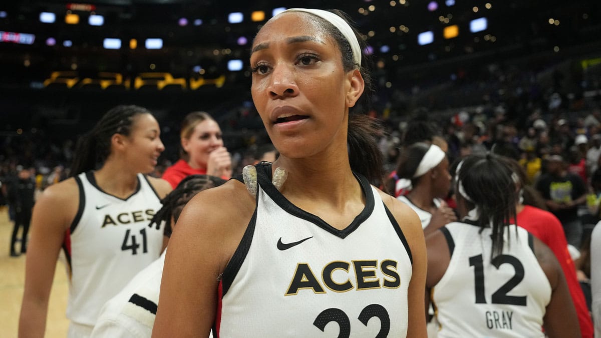 Las Vegas Aces forward A'ja Wilson (22) reacts after the game against the LA Sparks