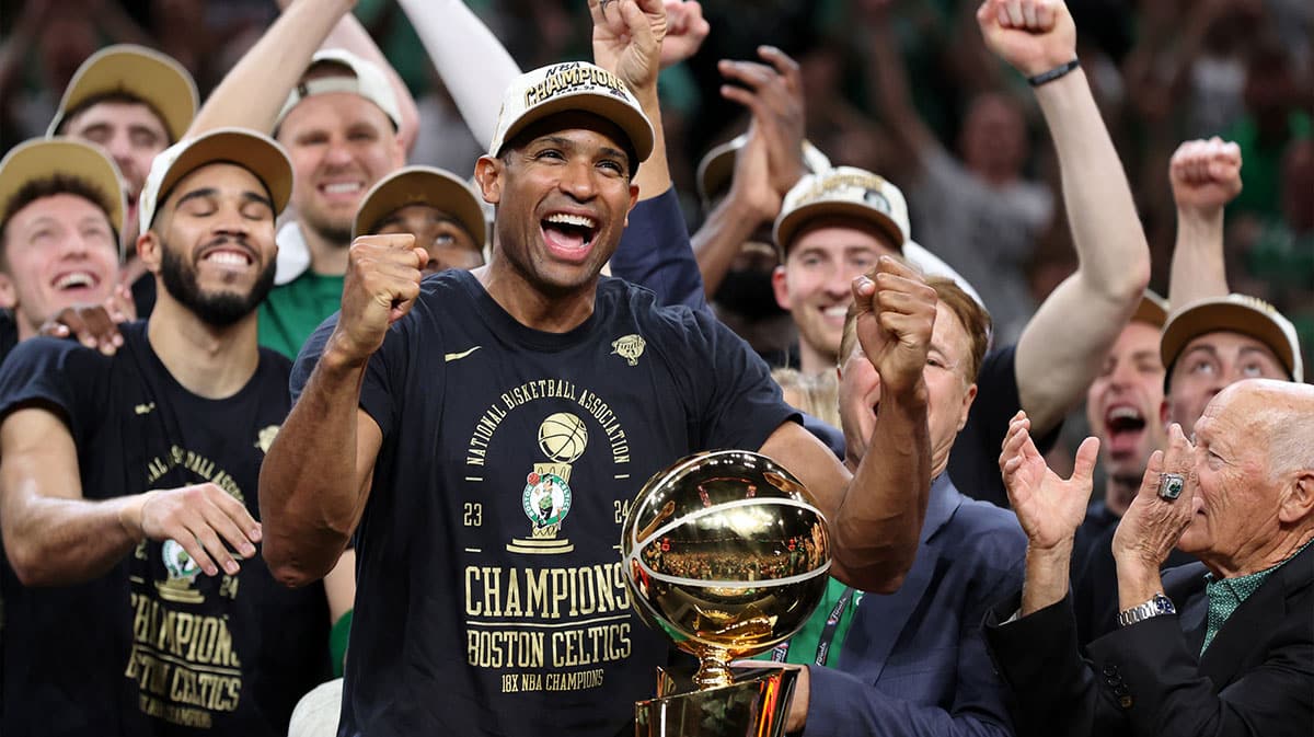 Boston Celtics center Al Horford (42) celebrates after winning the 2024 NBA Finals against the Dallas Mavericks at TD Garden.