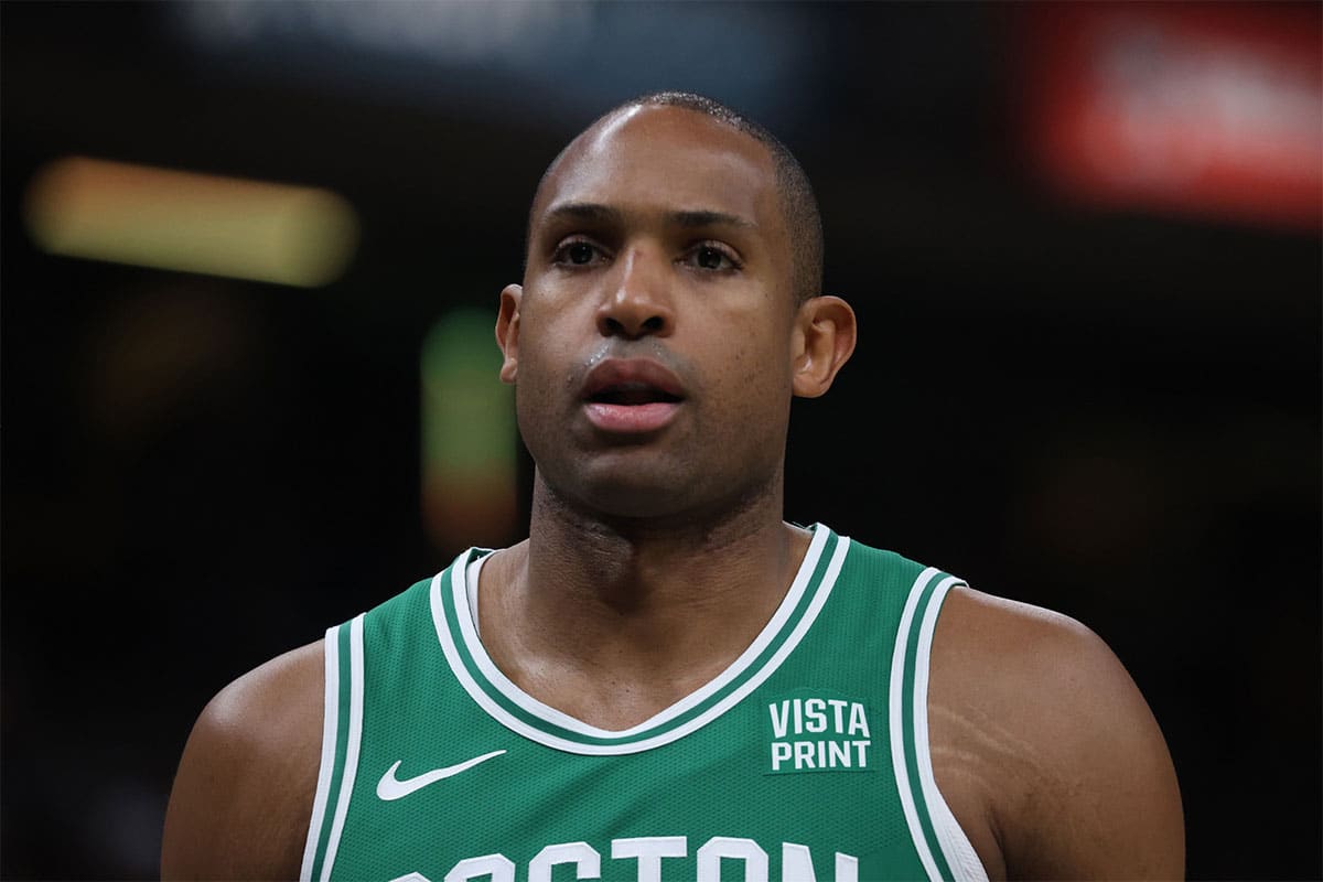 Boston Celtics center Al Horford (42) reacts during the second quarter of game three of the eastern conference finals against the Indiana Pacers in the 2024 NBA playoffs at Gainbridge Fieldhouse. 