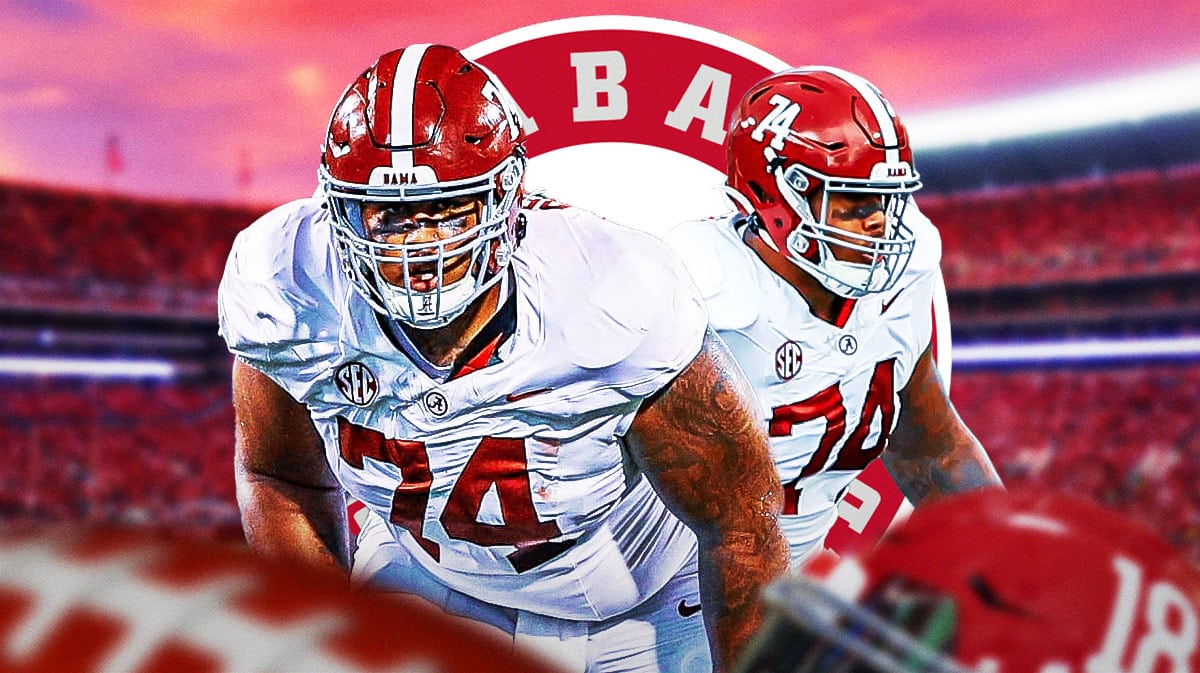 Alabama football's Kadyn Proctor stands in front of Iowa crowd, Kalen DeBoer in background