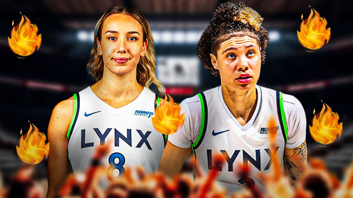 WNBA Minnesota Lynx player Alanna Smith and Natisha Hiedeman, with flames around them