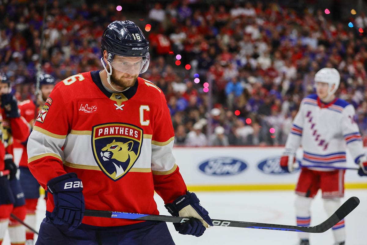 Florida Panthers center Aleksander Barkov (16) looks on against the New York Rangers during the third period in game four of the Eastern Conference Final of the 2024 Stanley Cup Playoffs at Amerant Bank Arena.