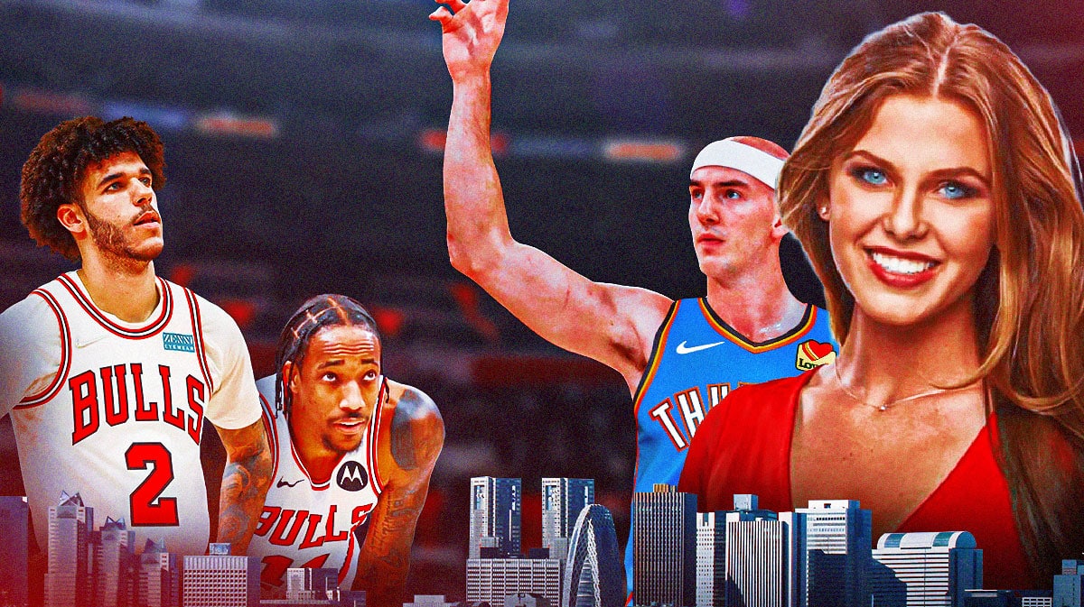 Thunder's Alex Caruso, Haleigh Broucher waving goodbye to Bulls players.