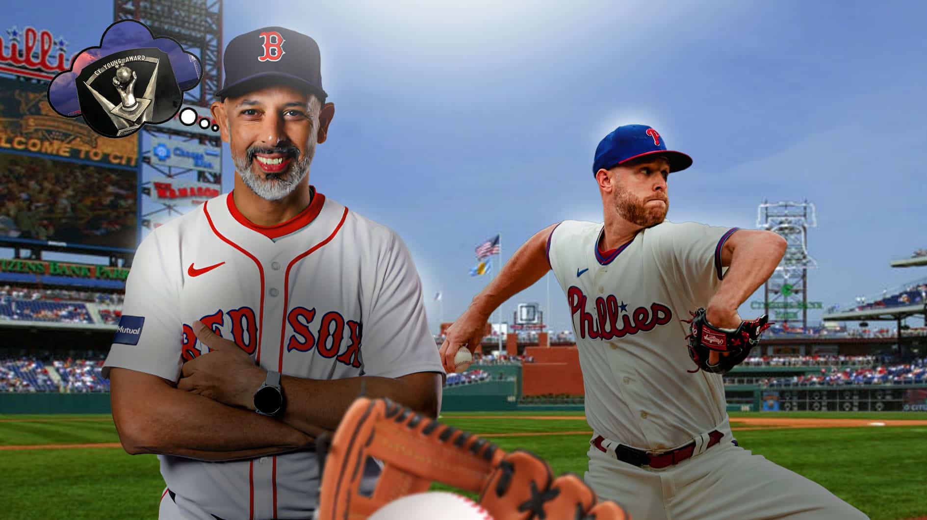 Red Sox's Alex Cora smiling, with thought bubble containing image of NL Cy Young award, with Phillies' Zack Wheeler hyped up beside him