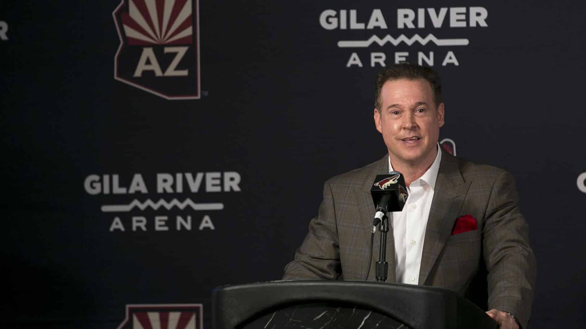 Coyotes owner Alex Meruelo speaks to the media at a news conference announcing his new ownership at Gila River Arena in Glendale on Thursday. Thomas Hawthorne/The Republic Coyotes owner Alex Meruelo speaks to the media at a press conference announcing Meruelo's new ownership of the Coyotes at Gila River Arena in Glendale, Ariz. on July 31, 2019.