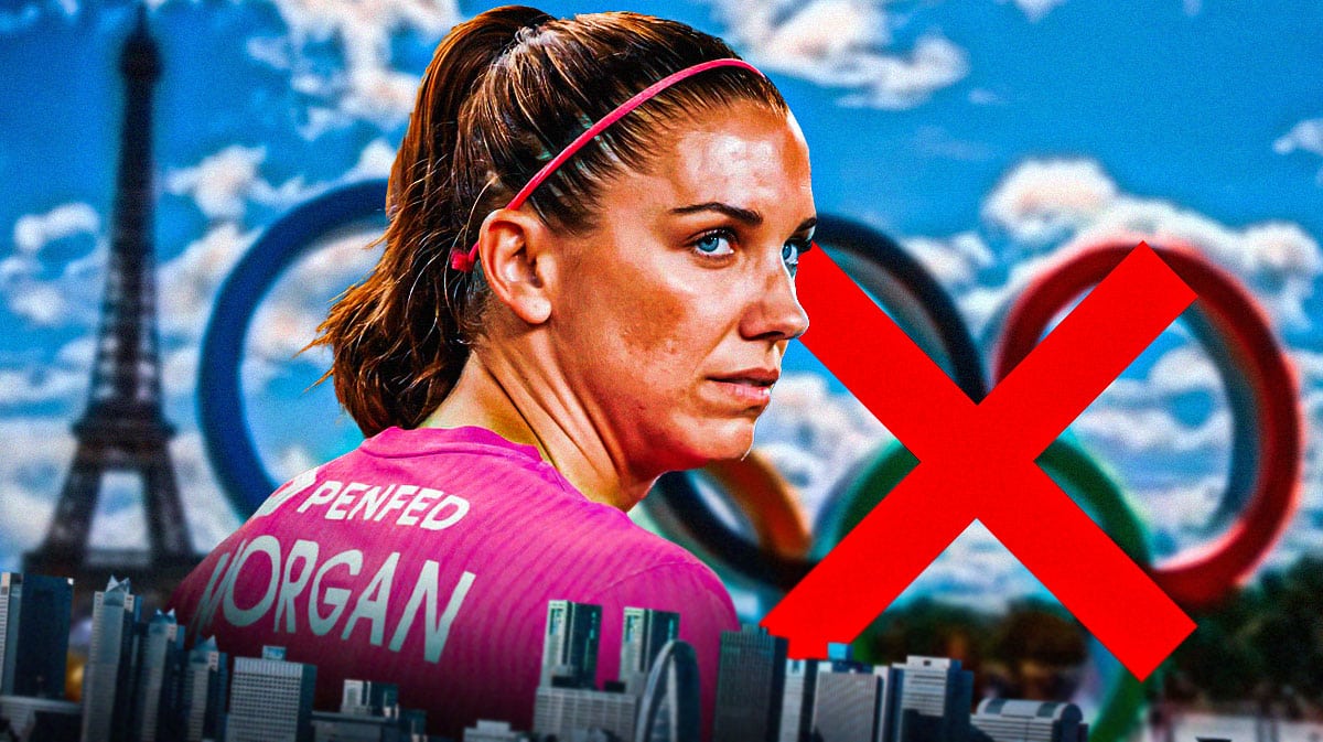 USWNT player Alex Morgan, with either a sad,frustrated or neutral expression, with the city of Paris, France in the background and the Olympic Rings, with a big X over the Olympic rings