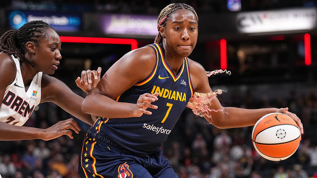 Indiana Fever forward Aliyah Boston (7) rushes up the court against Atlanta Dream center Tina Charles (31) on Thursday, May 9, 2024, during the preseason game against the Atlanta Dream at Gainbridge Fieldhouse in Indianapolis.