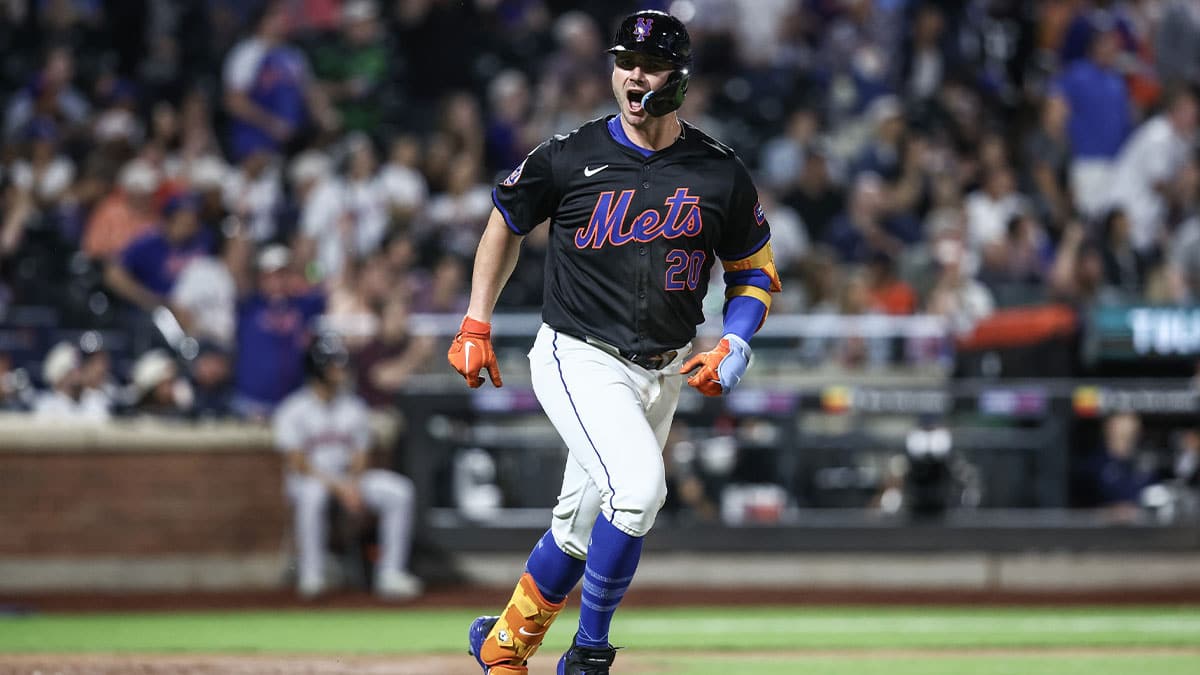 New York Mets first baseman Pete Alonso (20) hits a solo home run in the sixth inning against the Houston Astros at Citi Field.
