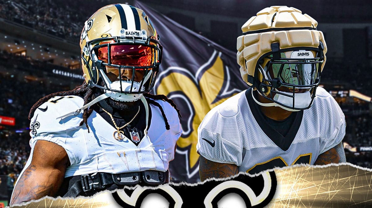 Alvin Kamara and Jamaal Williams with Saints stadium in background