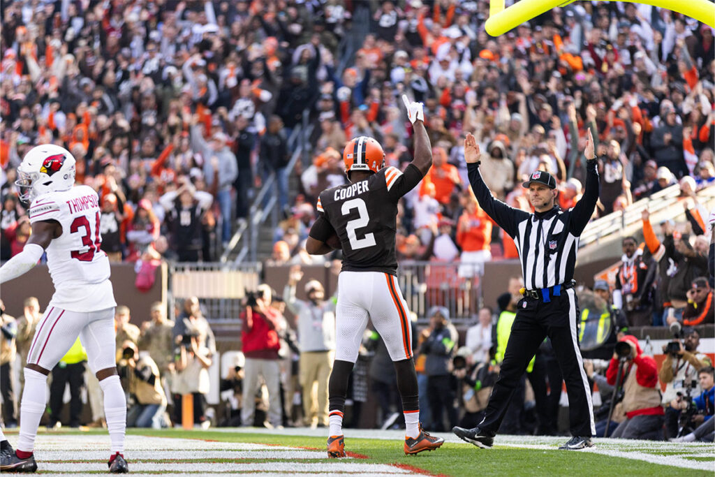 Cleveland Browns wide receiver Amari Cooper (2) celebrates his touchdown against the Arizona Cardinals during the second quarter at Cleveland Browns Stadium. 