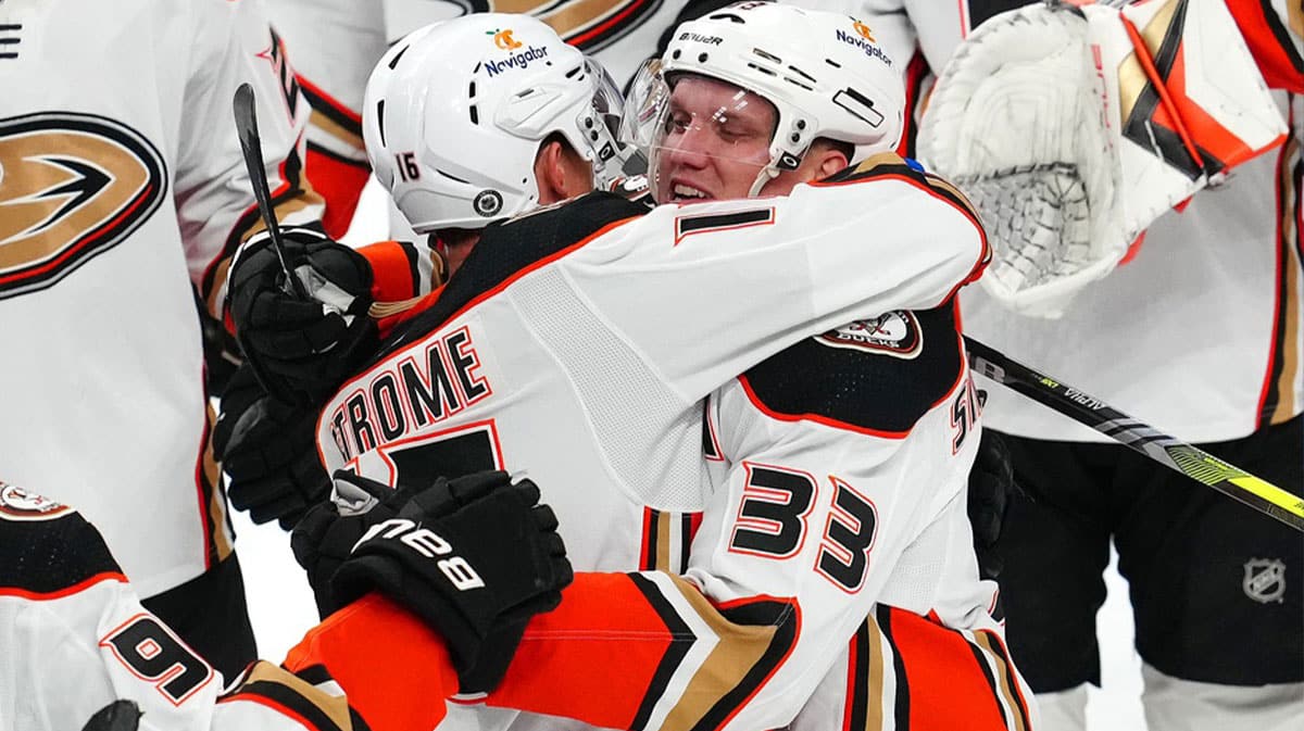 Anaheim Ducks right wing Jakob Silfverberg (33) embraces center Ryan Strome (16) after defeating the Vegas Golden Knights in the final game of his professional career at T-Mobile Arena.